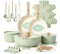 Umite Chef Non Stick Pots and Pans Set, 21 Pcs Ceramic Kitchen Cookware Set with Detachable Handle, Nonstick Healthy Induction Cookware, Dishwasher RV Cookware Set, Oven Safe, Stackable, Sage Green