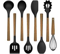 Umite Chef Silicone Cooking Utensil Set, 8-Piece Kitchen Set with Natural Acacia Wooden Handles,Food-Grade Silicone Heads-Silicone Kitchen Gadgets Spatulas Set for Nonstick Cookware- Black