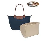 Umiup Purse Organizer Insert for Longchamp Le Pliage Medium Handbag Insert, Felt Handbag Organizer Insert Large Tote with Cup Holder, Bag Organizer with Zipper,8 Compartments-Beige, M10.23*7.87*5.12in