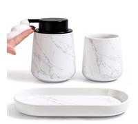 UMLACA Bathroom Accessories Set 3 pcs - Bathroom Ceramic Foaming Soap Dispenser Set Farmhouse White Bathroom Decor, Foam Soap Dispenser and Toothbrush Holder/Tumbler Cup, (Marbling Foam)