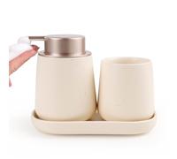 UMLACA Bathroom Accessories Set 3 pcs - Ceramic Foaming Bathroom Soap Dispenser Set Farmhouse Black Bathroom Decor, Foam Soap Dispenser and Toothbrush Holder/Tumbler Cup, (Pockmarked Beige Foam)