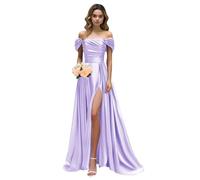 UMLXYER Off The Shoulder Prom Dresses for Women Satin Long Bridesmaid Dresses 2024 Formal Evening Gowns with Slit Lilac Purple XS