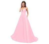 UMLXYER V Neck Prom Dresses for Women 2024 Long Satin Bridesmaid Dress A-Line Spaghetti Strap Formal Evening Ball Gowns Rose Pink L