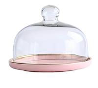 UMMEI 6-Inch Cake Stand Dome with Glass Cover, Ceramic Cake Plates for Cakes Dessert Cupcake Display Trays with Glass Lid,Pink,15cm