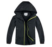 UMMTOM Lightweight Windproof and Waterproof Rain Jackets with Fleece Hoods for Children, Plain Black, 15-16 ans