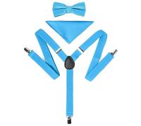 Umo Lorenzo Clip-On Elastic Suspenders, Banded Bow Tie, & Pocket Square Set for Men, Turquoise, One Size