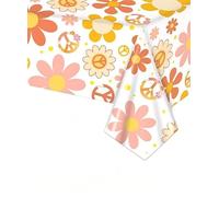 umoni Retro Groovy Daisy Peace Sign Tablecloth, Hippie Boho Floral Disposable Plastic Table Cover for 60s 70s Themed Party
