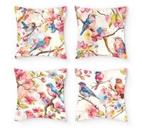 Umootek Spring Floral Pillow Covers, 18x18 Set of 4 Cute Watercolor Colorful Flower Bird Print Decorative Throw Pillows Spring Rustic Farmhouse Cushion Case Decor for Couch Sofa Bed
