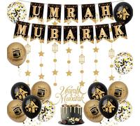 Umrah Mubara Decoration Banner Set -Black Gold Islamic Celebration Banners with Stars Moon Hanging, Ramadan Cake Topper and Latex balloons for Muslim Eid Party Suppiles