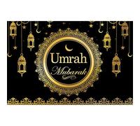 Umrah Mubarak Backdrop 150cm x 100cm - Black with Gold Accents | Islamic Party Decoration for Celebrations, Umrah Mubarak Decorations, Muslim Events, Eid, Ramadan, Photo Booths & Special Occasions