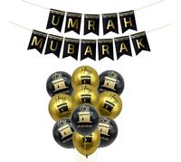Umrah Mubarak Balloons, 11-Piece Black and Gold Balloon Set for Umrah Mubarak Decoration, Includes Cake Topper and Card, Perfect for Graduation and Umrah Mubarak Celebrations