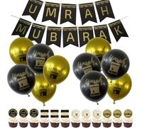 Umrah Mubarak Banner Ramadan Party Decorations Black Gold Umrah Mubarak Balloons 12 Cake Toppers Ramadan Supplies Hajj Blessing Ceremony Suitable For Muslim Eid Umrah Mubarak Graduation