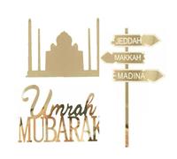 Umrah Mubarak Cake Topper, 3PCS Set with Letters, Flags and Buildings,Umrah Mubarak Cupcake Toppers for Cupcake and Cake Decorations,Suitable for Weddings and Party Celebrations