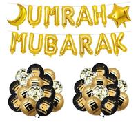 Umrah Mubarak Decoration Eid Decorations - 44 Pcs Gold Umrah Mubarak Foil Letter Balloons Star Confetti Latex Balloon For Islamic Muslim Ramadan Decorations