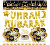 Umrah Mubarak Decoration Ramadan Balloon - 50 Pcs Gold Letter Balloons, 180*40cm Backdrop, Cake Cupcake Toppers and Latex Balloons for Islamic Muslim Eid Umrah Mubarak Party Supplies