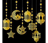 Umrah Mubarak Decoration,Umrah Mubarak,8 Pcs Garland Ramadan Decor for Home Ramadan Backdrop,Gold Circle Garland Ramadan Banner Star Moon Lantern for Wedding Birthday Islam Party Decor