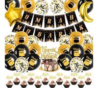 Umrah Mubarak Decorations - 40 Pcs Eid Decorations UMRAH MUBARAK Letter Star & Moon Foil Balloons Cake Cupcake Toppers Black Gold Latex Balloon For Ramadan Party Supplies