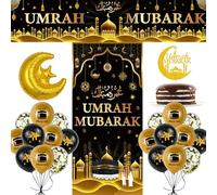 Umrah Mubarak Decorations Ramadan Eid - 27 Pcs Black Gold Backdrop Banner Moon Star Foil Balloon Glitter Cake Topper Latex Balloons for Islamic Muslim Eid Festival Umrah Mubarak Decor Supplies