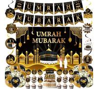 Umrah Mubarak Decorations Ramadan Eid - 42 Pcs Gold Black Party Balloons Banners Hanging Swirls Backdrop(60×40 inch) Cake Toppers Balloon for Lslamic Muslim Umrah Mubarak Eid Festival Party Supplies
