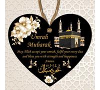Umrah Mubarak Heart Plaque with Kaaba Design Hanging Keepaske - Thoughtful Islamic Gift for Pilgrimage and Spiritual Celebrations Gold & Black