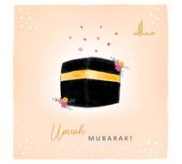 Umrah Mubarak Islamic Greetings Card - Peach with Floating Hearts