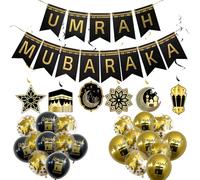 Umrah Mubarak Party Decoration 27PCS Ramadan Decorations Including Black Umrah Mubarak Banners Moon Star Balloon Spiral pendant for Home Ramadan Party Supplies