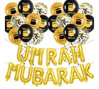 Umrah Mubarak Party Decoration Banner - Gold Ramadan Party Decorations Letter Foil Banners Set, Black Umrah Confetti Latex Balloons for Home Ramadan Party Supplies