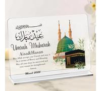 Umrah Mubarak Personalised Gift, Personalised Hajj Photograph Gift for Family, Eid, Ramadan, Islamic Gifts, Custom Any Photo, Name and Month, Hajj Floral Home Decoration Acrylic Plaque with Stand