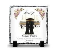 Umrah Mubarak Personalised Photo Slate, Personalised Hajj Umrah Gift, Islamic Calligraphy Gift, Muslim Decor, Islamic Rock Slate Photo 14cm Square with stand (Mum & Daughter)