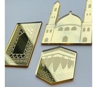 Umrah Mubarak With Signpost Acrylic Cake Charm Topper, Gold Mirror, Laser Cut, 3mm Thick, Premium Quality 2 Pcs (Add-On 3Pcs Gold Mirror Acrylic Mosque, Prayer Mat, Kaabah Cake Charms Set)