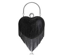 UMREN Women Luxury Heart Shape Tassel Evening Clutch Bag Rhinestones Wedding Party Purse Handbag, Black, One Size