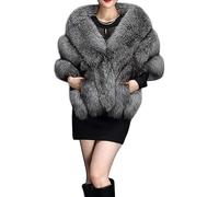 UMREN Women's Luxury Party Faux Fox Fur Long Shawl Cloak Cape for Winter, A-dark Grey, One Size