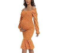 Umstandskleid für den Sommer, florales Midi-Kleid, figurbetont, kurze Puffärmel, quadratischer Ausschnitt, Rüschensaum, Orange/Abendrot im Zickzackmuster (Sunset Chevron), Groß