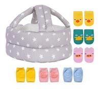 Umtiti Baby Adjustable Helmet with 3 Pairs Baby Knee Pads for Crawling & 3 Pairs Baby Socks,Lightweight and Soft, Great for Baby Learning to Walk and Crawl.Gray Star+6