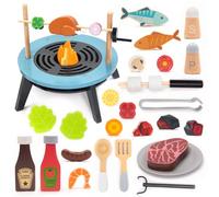 UMU® Wooden BBQ Grill Set for Kids - 45-Piece Pretend Play Barbecue Toy with Grill, Meat, Vegetables, Fish, Marshmallows & Accessories - Wooden Role Play Cooking Toy for Boys and Girls Ages 3-6