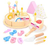UMU® Wooden Birthday Cake Toy - 6-Slice Play Cake Set with Numbers, Candles, Fruits & Accessories - Pretend Play Kitchen Toy for Boys and Girls Ages 3-6