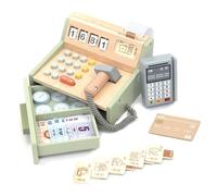 umu® Wooden Cash Register for Kids - 35-Piece Toy Set with Scanner, Payment Terminal, Play Money & Card - Pretend Play Shop Toy for Boys and Girls Ages 3-6