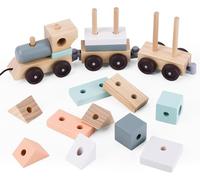 UMU® Wooden Train 2-in-1 for Toddlers - Train Set with 2 Wagongs Including Sorting & Stacking Toy (18 Pieces, Fully Dismountable), 37 cm Long, Montessori Toy for Children from 1 2 3 Years