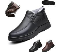 UMYUOANY Men's Leather Warm Fur Lined Slip On Snow Boots,Outdoor Anti-Slip Middle-Aged and Elderly Comfortable Slip-on Snow Booties Waterproof Lightweight Casual Walking Loafers (Black,43 EU)