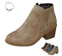 UMYUOANY Women's Chunky Mid-Heel Slip-On Leather Orthopaedic Ankle Boots,Pointed Toe Stacked Mid Heel Side Zipper Breathable Barrel Hollow Booties Lightweight Chelsea Boots (Khaki,41 EU)