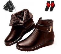 UMYUOANY Women's Metal Buckle Genuine Leather Wool Orthopedic Boots, Winter Warm Non-slip Side Zipper Leather Waterproof Ankle Snow Boots (Brown,37 EU)