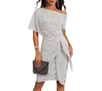 UMYUOANY Women's One Shoulder Sequin Sparkling Party Club Dress, Sequin Sparkly Glitter Party Club Dress Ruched Cocktail Bodycon Dress (Silver,M)