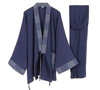 un-brand Men's Japanese Kimono Double Gauze Cotton Pajamas Suit Plus Size Zen Clothing Taoist Clothing (Size XL, A3)