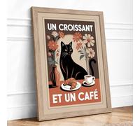 Un Croissant et Un Café Vintage Framed Wall Art Print A4 (29.7×21cm) Oak, Wall Decor for Living Room, Bedroom, Office & Home, Ready to Hang, Art Gift
