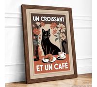 Un Croissant et Un Café Vintage Framed Wall Art Print A4 (29.7×21cm) Walnut, Wall Decor for Living Room, Bedroom, Office & Home, Ready to Hang, Art Gift