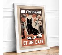 Un Croissant et Un Café Vintage Framed Wall Art Print A4 (29.7×21cm) White, Wall Decor for Living Room, Bedroom, Office & Home, Ready to Hang, Art Gift