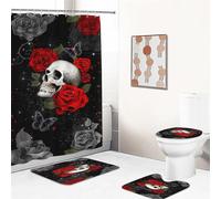UNAGRI Shower Curtain Gothic Skull Shower Curtain 180 x 200 cm 180 x 180 cm Rose Flowers and Skull Shower Curtains Waterproof Polyester Fabric Shower Curtain Bathroom Rug 4-Piece Set (4,120 x 200 cm)