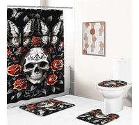 UNAGRI Shower Curtain Gothic Skull Shower Curtain 180 x 200 cm 180 x 180 cm Rose Flowers and Skull Shower Curtains Waterproof Polyester Fabric Shower Curtain Bathroom Rug 4-Piece Set (5,200 x 200 cm)