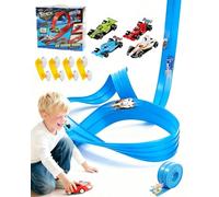 Unanimouspier Flexible Racing Track, DIY Flexible Racing Track Toy, Portable Dual Roll Up Sliding Car Track With Suction Cups and 4 Racing Cars to Unleash The Ultimate Racing Adventure (W, 157.4 in)