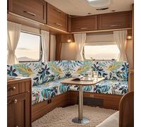 UNBBRRL Fit Stretch Caravan Seat Cover, Non Slip Elastic Fabric Printed Pattern RV Dinette Cushion Cover, Protector for Motorhome Sofa Bench with 4 Straps (blue foliage,Large 3 seater)